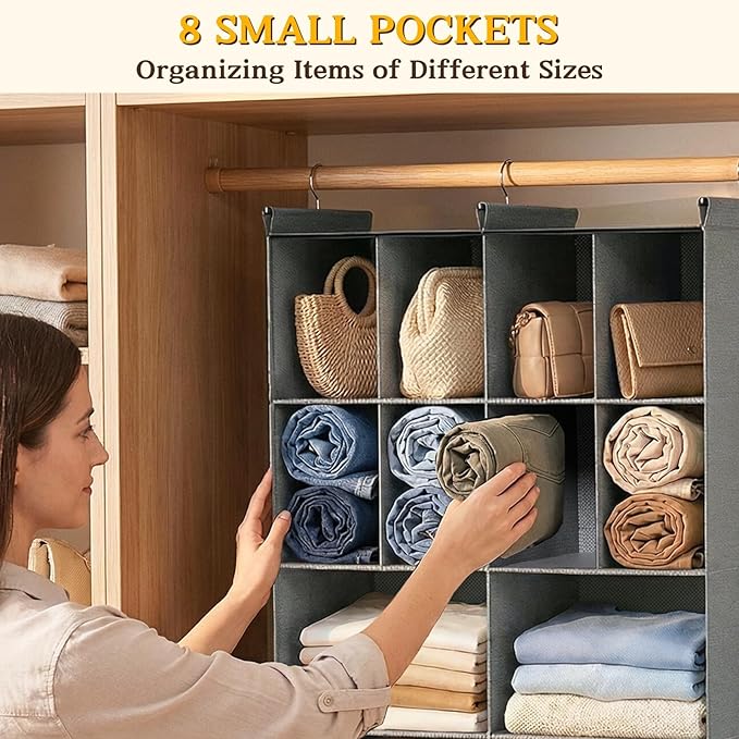 Ofiray-home 3 Tier Hanging Closet Organizer, 10 Compartments Sweater Organizer for Closet with 3 Sturdy Hooks, Closet Organizers and Storage, Wardrobe, Rv, Garment Rack, Grey