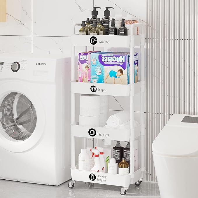 Laiensia 4-Tier Storage Carts,Multifunction Utility Rolling Cart Kitchen Storage Organizer,Mobile Shelving Unit Cart with Lockable Wheels for Bathroom,Laundry,Living Room,With Classified Sticker,White