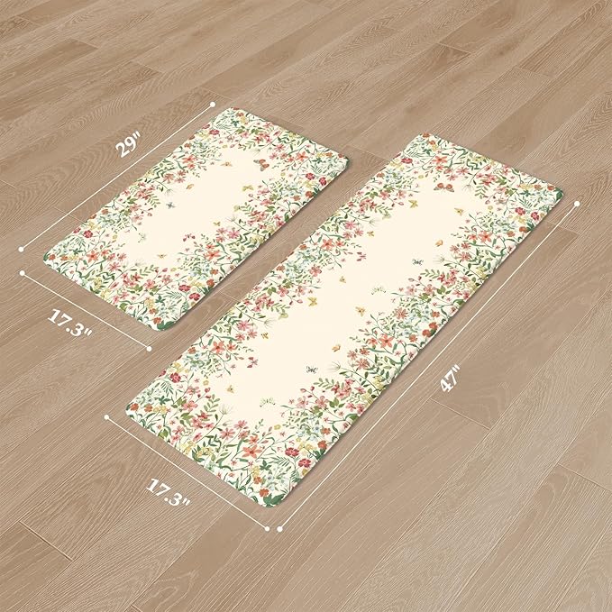 KIMODE Anti Fatigue Kitchen Mats for Floor 2 Piece, Cushioned Floral Kitchen Rugs, Memory Foam Kitchen Floor Mats, Summer Standing Desk Mats for Laundry Office Sink Beige 17"x47"+17"x29"
