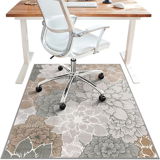 48"x72" Office Chair Mat for Hardwood Tile Floor, Under Desk Carpet Protector for Rolling Computer Chair Mat, Machine Washable Area Rug, Anti-Slip 1/5" Thick Low Pile Thin Vinyl Floor Mat, Taupe Grey