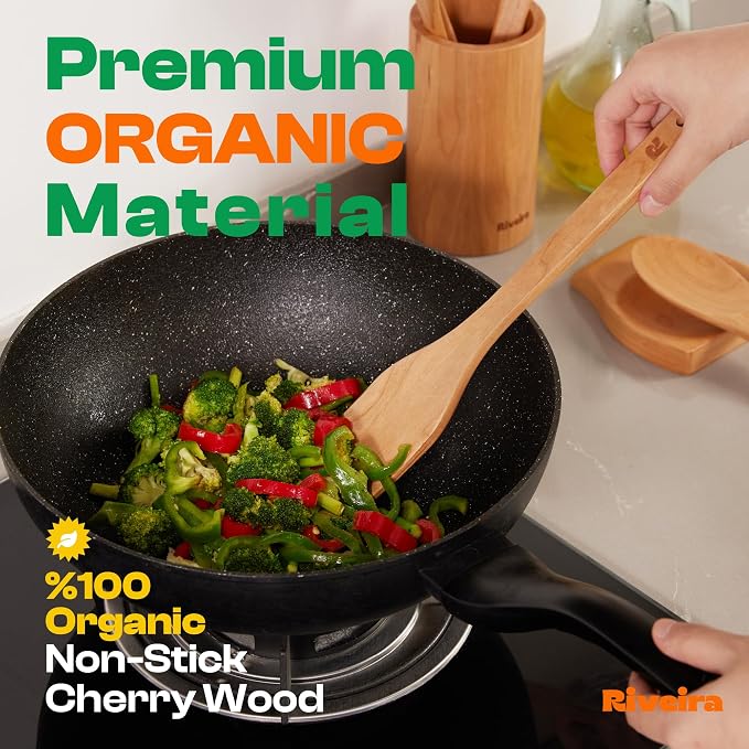 Riveira Cherry Wooden Spoons for Cooking Set of 3 – Natural Cherry Wooden Cooking Utensils, Wooden Spatula, Wooden Spoon - Premium Quality Utensil Set for Non-Toxic Cooking