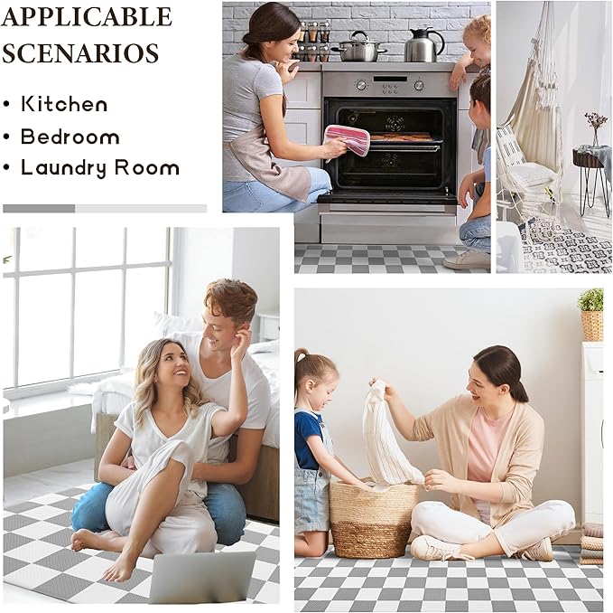 Grey Checkered Grid Checkerboard Kitchen Rug Sets [2 PCs], Anti-Fatigue, Waterproof Non-Slip Kitchen Mats Heavy Duty Ergonomic Comfort Foam Rug for Floor, Home, Laundry,17"x29"+17"x47"