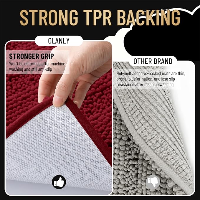 OLANLY Thick Bathroom Runner Rugs 44x24, Extra Absorbent Chenille Striped Bath Rugs, Rubber Backing, Machine Wash Dry, Long Bath Mats for Bathroom Floor, Tub and Shower, Home Decor Accessories, Red