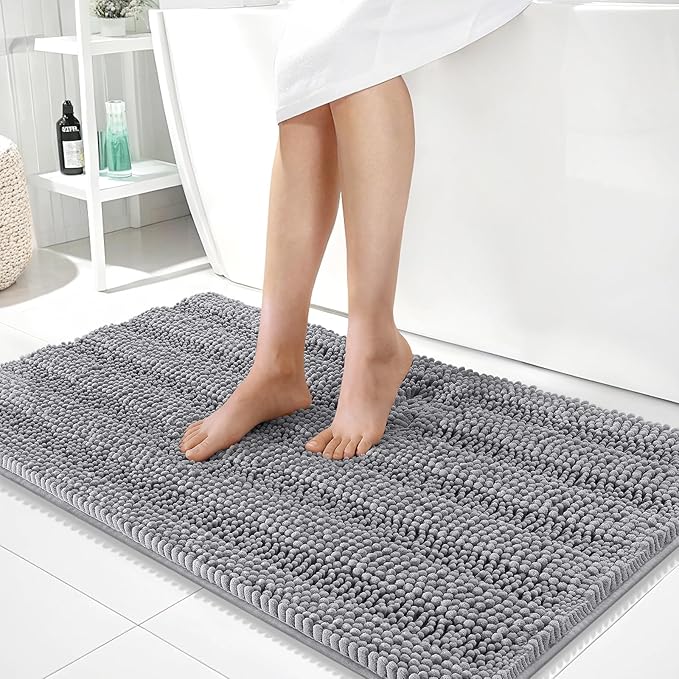 OLANLY Thick Large Bathroom Rugs 40x24, Extra Soft Absorbent Chenille Striped Bath Rugs, Rubber Backing, Machine Wash Dry, Bath Mats for Bathroom Floor, Tub and Shower, Home Decor Accessories, Grey