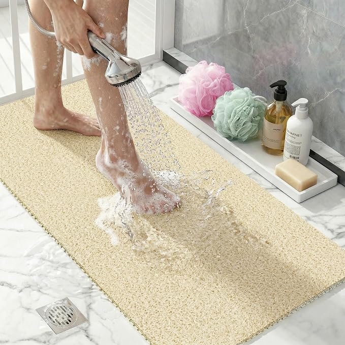 Non Slip Loofah Shower Mat 32"x16", Quick Drying Mats with Drain Hole, Soft Trimmable PVC Loofah Massage Bathmat for Shower, Kitchen, Hotel, Tub, Floor, Home, Beige