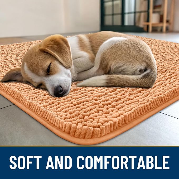 Smiry Dog Door Mat for Muddy Paws 24x16, Absorbent Dirt Trapper, Non-Slip Washable Chenille Entryway Rug for Inside Floor, Orange, Classic Solid