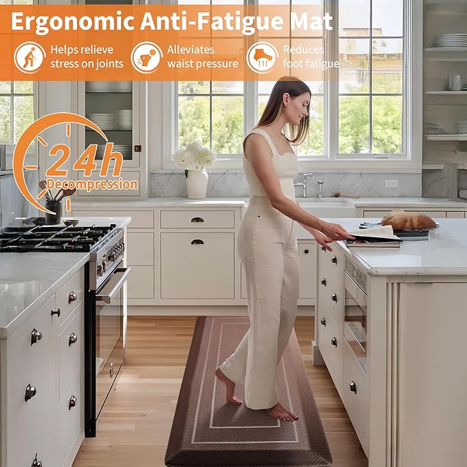 UKISS 9/10"" Extra Thick Cushioned Anti Fatigue Kitchen Mat, Waterproof High Density Foam Standing Desk Mat, Non-Slip Ergonomic Comfort Mat for Kitchen, Office,Workstation Black (Brown, 20" X 48")