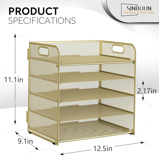 Sinboun Letter Tray Paper Organizer 5-Tier Desk Organizer File Organizer Paper Holder with Handle, Metal Desktop Document Shelf Tray Office Classroom Organization - Gold