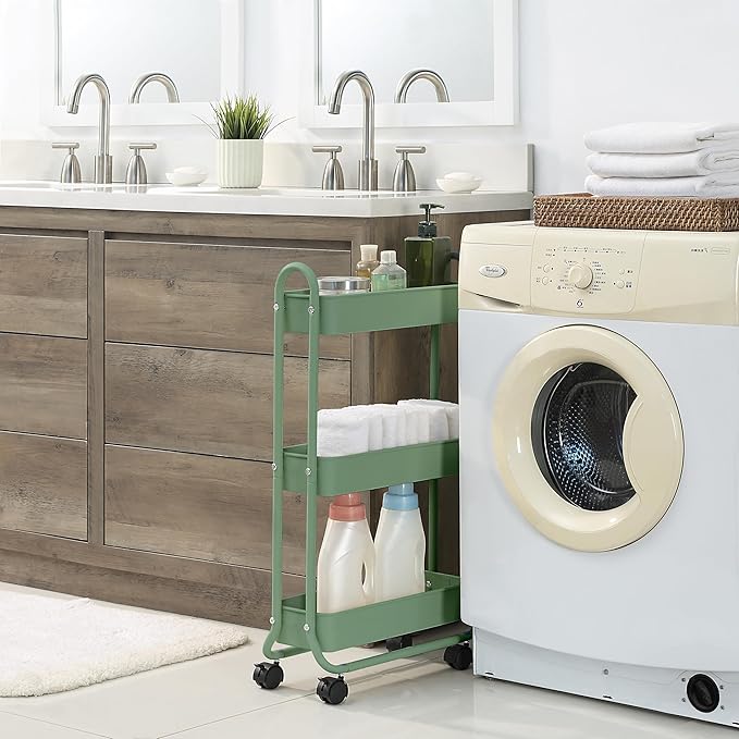 SunnyPoint Slim Rolling Storage Cart, 3 Tier Bathroom Storage Organizer Bathroom, Laundry Utility Cart (Turq)