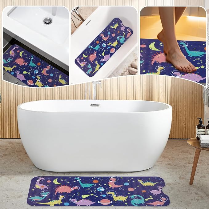 Bath Tub Shower Mat Non Slip Kids Bathtub Mat Anti Slip Baby Bath Mat for Tub 40 x 16 Inch Extra Long Toddler Bath Mat with Suction Cups and Drain Holes for Bathroom Floor,Space Dinos
