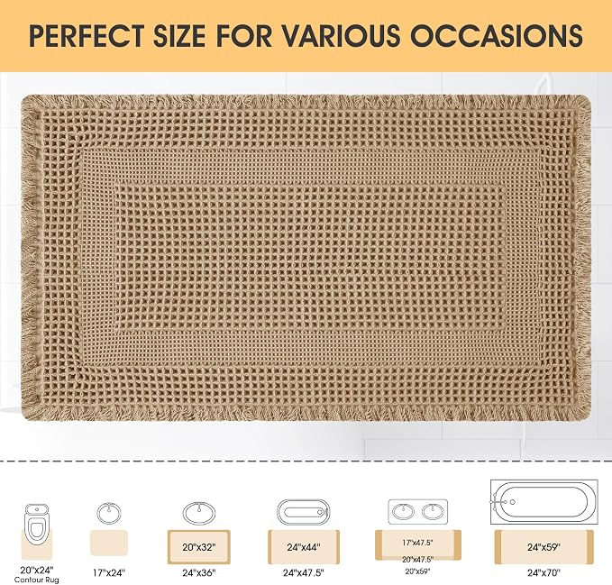 Upgrade Waffle Bath Mat, Boho Bathroom Rugs Absorbent Non Slip, Ultra Soft Bathroom Mat, Machine Washable Knit Bath Rugs with Tassels for Bathroom, Bedroom, Kitchen, Shower, Tub, Beige, 32"x20"