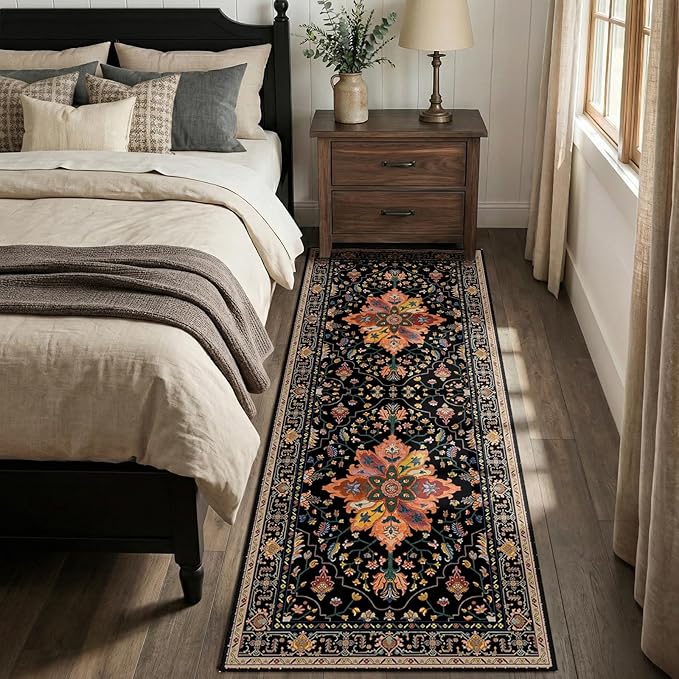 RELEANY Area Rugs Runner 2'x6' Washable Non-Slip, Floral Vintage Distress Medallion Carpet for Kitchen Hallway Bedroom Beside Laundry Room Bathroom, Black Colorful Floral Dark Tan