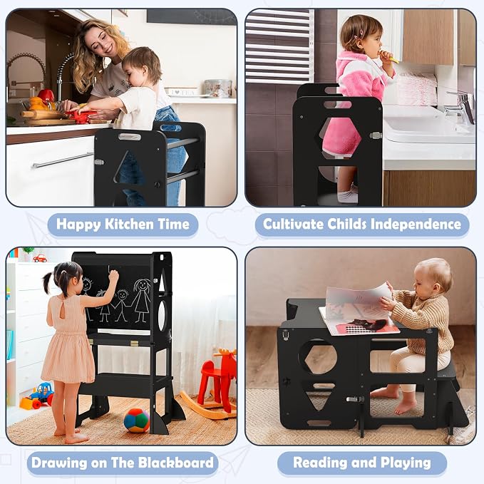 Woodure 4 in-1 Toddler Kitchen Step Stool, Foldable Learning Standing Tower with Blackboard, Wooden Kitchen Stool Helper for Kids, 1-3 Year Old Boy Girl Gifts - Black