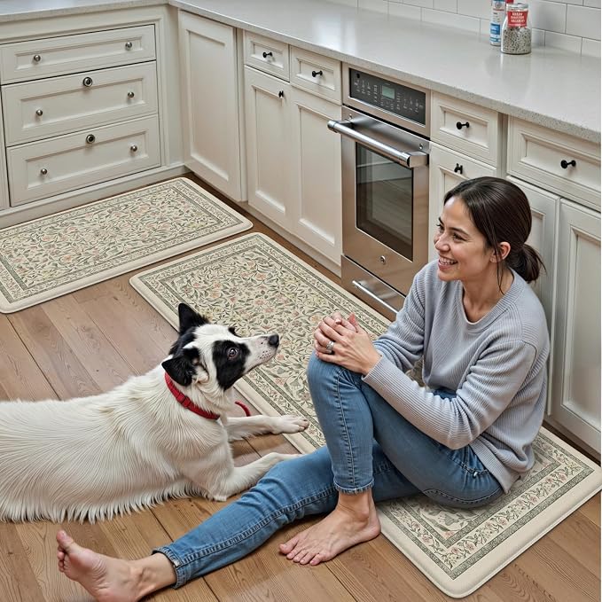 KIMODE Anti Fatigue Kitchen Mats for Floor, Boho Floral Kitchen Rugs Sets of 2, Cushioned Kitchen Floor Mats Non Slip, Comfort Spring Rugs for Kitchen Floor Sink Laundry Desk Beige 17.3"x29"+17.3"x47"