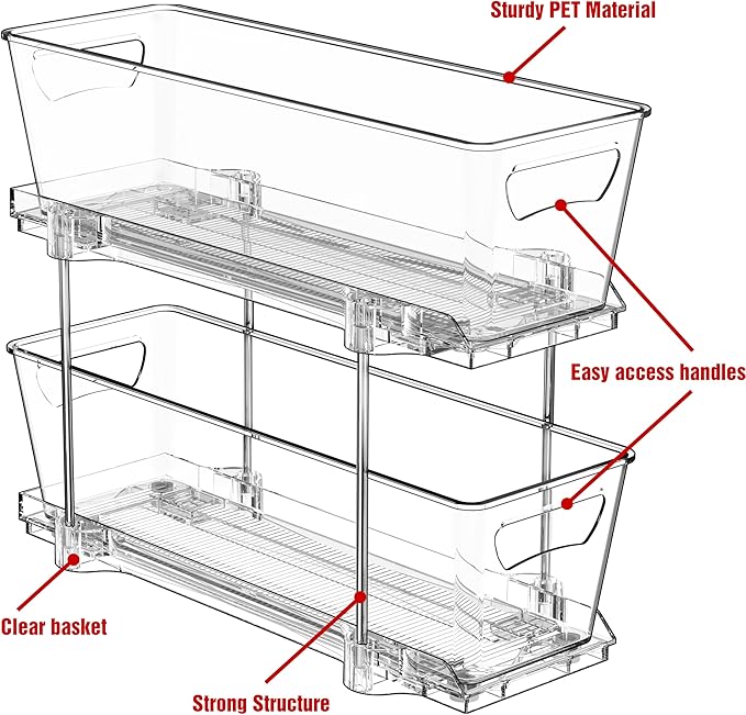 Simple Houseware 2-Tier Narrow Basket Drawer Cabinet Pull-Out Organizer, Clear