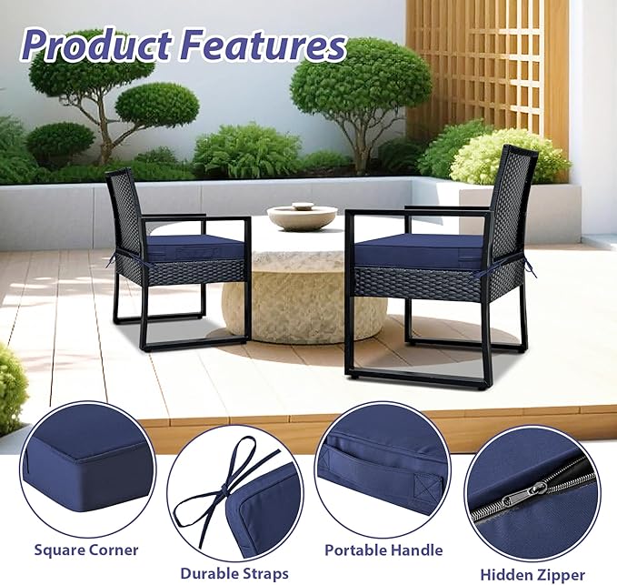 IPYNBAP Outdoor Chair Cushions Set of 4 -Waterproof Outdoor Seat Cushions for Patio Furniture, Patio Chair Cushion with Handle and Ties, Out Door Chair Pads,17x16x2-Square, Navy Blue