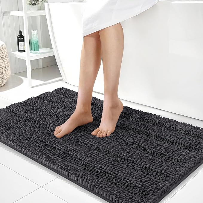 OLANLY Thick Large Bathroom Rugs 40x24, Extra Soft Absorbent Chenille Striped Bath Rugs, Rubber Backing, Machine Wash, Bath Mats for Bathroom Floor, Tub and Shower, Home Decor Accessories, Dark Grey