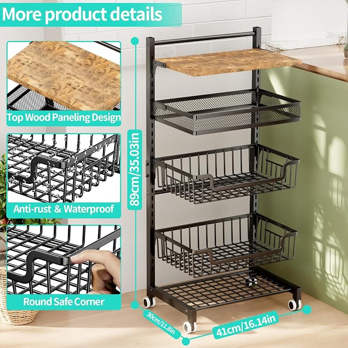 HapiRm Fruit Basket Kitchen Cart - Floor 5 Tier Adjustable Fruit and Vegetable Storage Rack, Large Capacity Rolling Kitchen Carts on Wheels for Pantry Snack Potato and Onion Storage