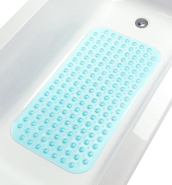 Large Non-Slip Bathtub & Shower Mat 31 inch x16 inch (Smooth/Non-Textured Tubs Only) Safe, Clean, Machine-Washable, Superior Grip&Drainage, Vinyl, Transparent Aqua/Blue-Green, Medium