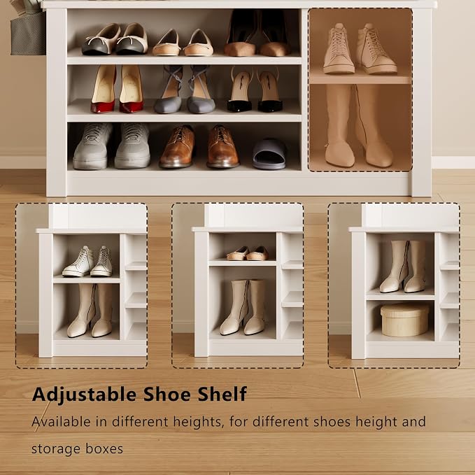 Aiho Hall Tree with Bench and Shoe Storage, 3-in-1 Entryway Hall Tree, with Adjustable Shoe Storage, for Entryway, Hallway, White
