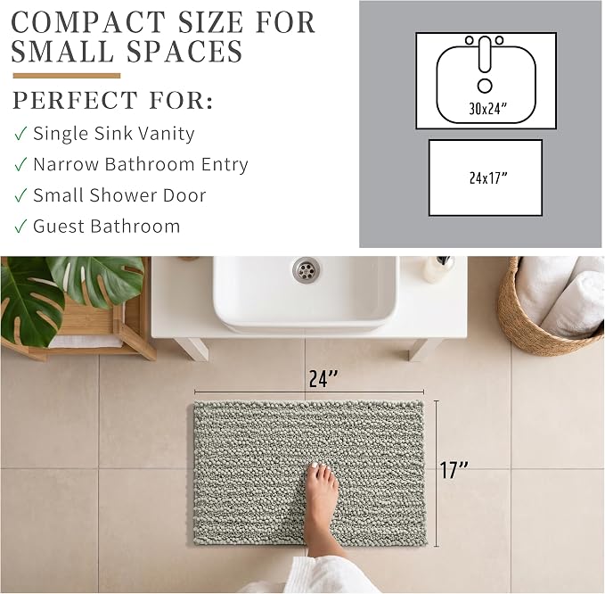 Yimobra Bathroom Rugs Non Slip Washable - Ultra Soft Absorbent Chenille Bath Mat, Quick Dry Shaggy Floor Carpet for Tub Shower, Sand Home Decor Accessories, 24x17 Inch
