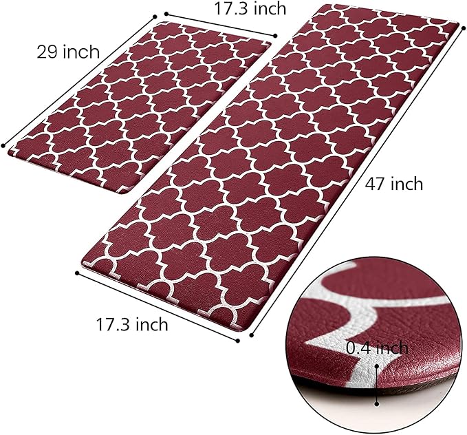KMAT Kitchen Mat [2 PCS] Cushioned Anti-Fatigue Kitchen Rug, Waterproof Non-Slip Kitchen Mats and Rugs Heavy Duty PVC Ergonomic Comfort Standing Foam Mat for Kitchen, Office, Sink, Laundry,Red
