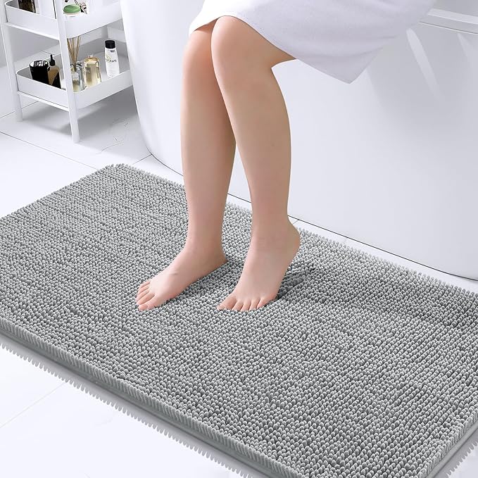 OLANLY Large Bathroom Rugs 40x24, Extra Soft Absorbent Chenille Bath Rugs, Rubber Backing Quick Dry, Machine Washable Bath Mats for Bathroom Floor, Tub and Shower, Home Decor Accessories, Light Grey
