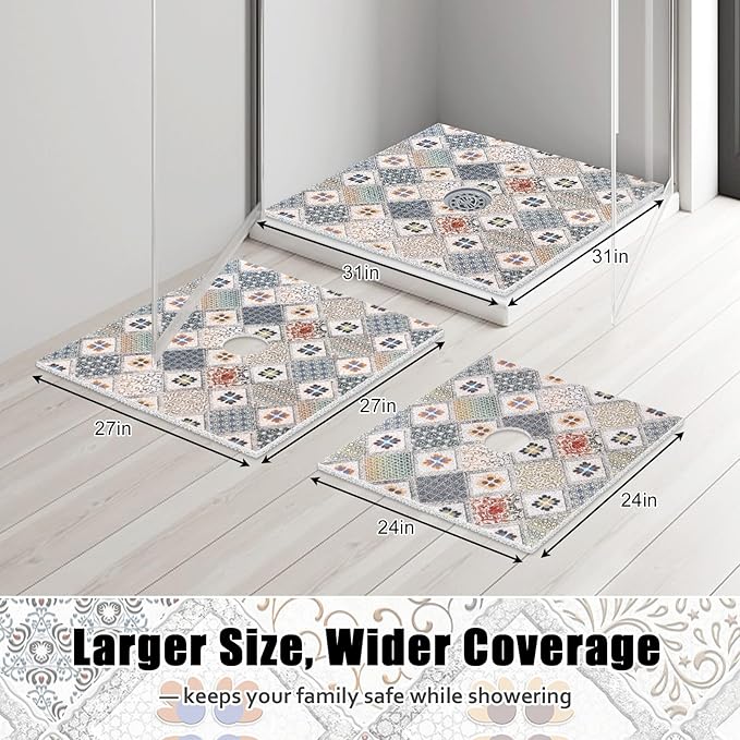 Square Shower Mat Non Slip: 27x27 Inch Extra Large Shower Floor Mat with Drain Hole in Middle - Soft PVC Loofah Bath Mat for Shower - Anti Slip Shower Stall Mat for Elderly and Kids