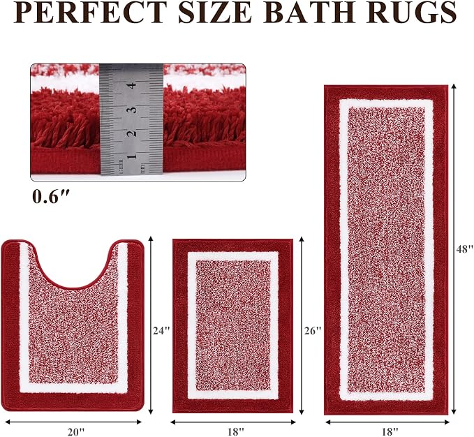 Pauwer 3 Piece Bath Mat Set Bathroom Rugs, Non Slip Plush Bathroom Mats, Absorbent Shaggy Bath Rug Set with U-Shaped Contour Toilet Mat for Bathroom Bedroom Living Room, Red