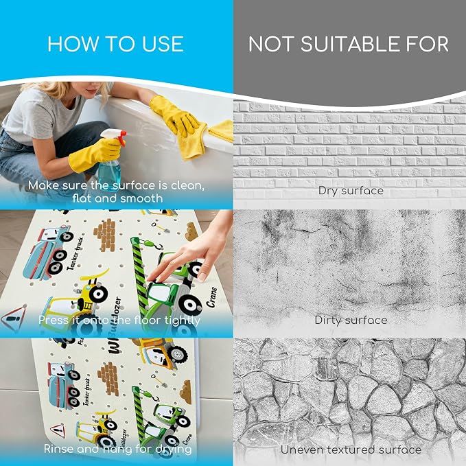 Baby Bath Mat for Tub, Non Slip Kids Bath Shower Mat, 40 X 16 Inch Large Bathtub Mat with Drain Holes and Suction Cups for Toddlers, Machine Washable and Waterproof (Excavator)