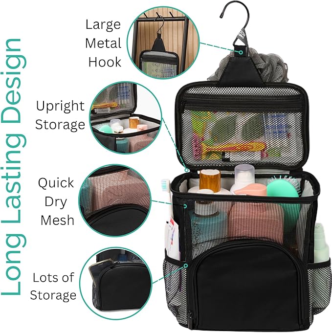 TERRA HOME Original Portable Shower Caddy For College Dorms - Foldable Mesh Tote - Dorm Room Essentials - Durable Hanging Travel Shower Bag - Perfect for College Students, Men, Women (Black)