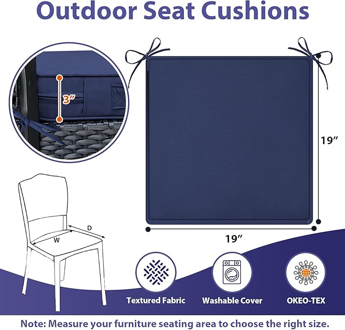 IPYNBAP Outdoor Chair Cushions Set of 4 -Waterproof Outdoor Seat Cushions for Patio Furniture, Patio Chair Cushion with Handle and Ties, Square Out Door Chair Pads,19" x 19" x 3", Navy Blue