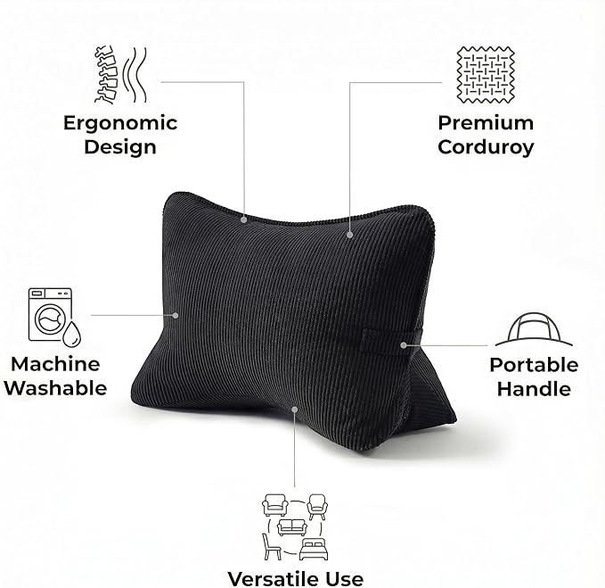 Pat. Pend. Corduroy Lumbar Support Pillow for Sitting, Triangle Cushion for Sofa, Couch or Bed, Reading Pillow for Gaming, Watching TV & Relaxing, Lamp Black