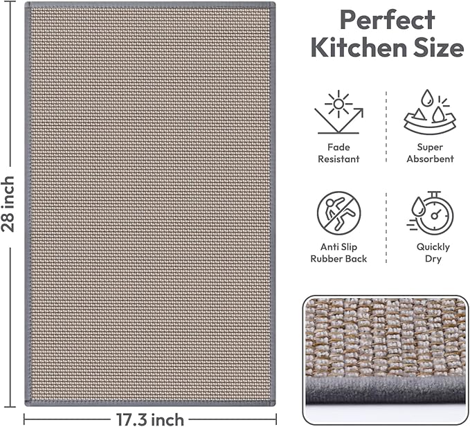 Kitchen Mats for Floor, Kitchen Rugs, Nonskid, Washable, Absorbent Kitchen Runner Rug for in Front of Sink, Entryway, Rubber Backing Indoor Door Mat, Farmhouse Style Standing Mat, 17.3"x28", Grey