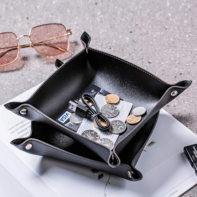 Leather Jewelry Valet Tray for Women and Man, Portable Entryway Table Tray Bedside Nightstand Desk Tray Small Catchall Travel Dish Plate for Key,Wallet,Watch,Coin (Black-B)