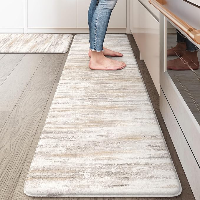 KIMODE Kitchen Mats Cushioned Anti Fatigue, Abstract Farmhouse Kitchen Rugs Sets of 2, Non Slip Kitchen Mats for Floor, Padded Kitchen Floor Mat for Sink Laundry Office Light Brown Multi