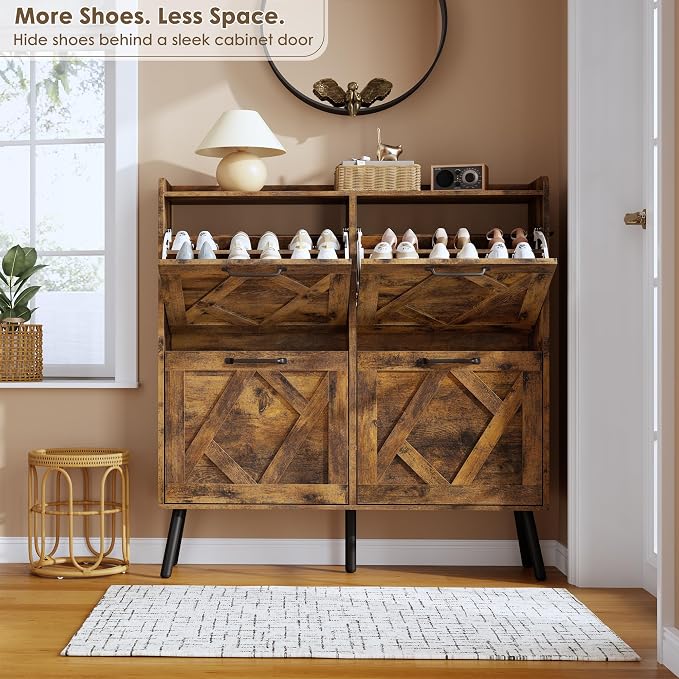 Nicetree Shoe Cabinet Storage for Entryway, Freestanding Shoe Storage Cabinet, Farmhouse Narrow Shoe Rack Cabinet for Entryway, Foyer, Hallway, Shoe Cabinet 4 Flip Drawers, Rustic Brown