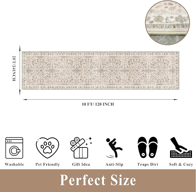 2x10 ft Hallway Runner Rug Washable – Boho Floral Non Slip Long Carpet Runner for Kitchen Entryway Bedroom Living Room, Soft Low-Pile Thin Floor Area Rug (Beige, 2x10)