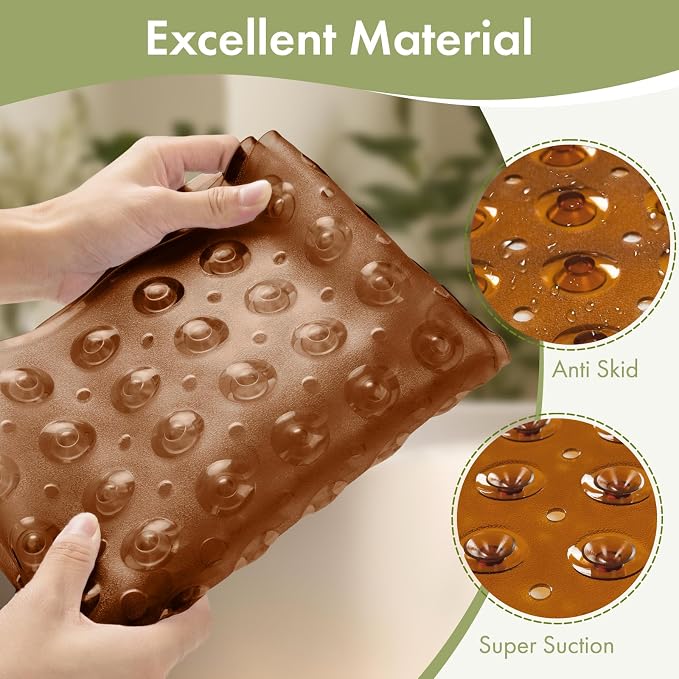 AmazerBath Shower Mat Non Slip 40 x 16 Inches, Shower Stall Mats with Suction Cups and Drain Holes, Non Slip Bath Mat for Tub for Elderly & Kids, Clear Brown