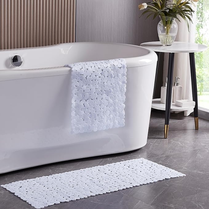 Webos Bath Shower Mat Non Slip: Extra Large Pebble Bathtub mat for Kids, Elderly, Anti Slip Shower Matt with Drain Holes Suction Cups Tub Mat - 16 X 40 Inch White