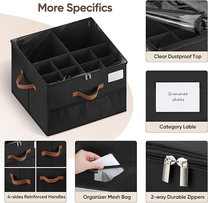 Shoe Organizer for Closet, 2 Pack Shoe Storage Containers with Adjustable Dividers, Space Saving Shoe Box Organizers Bins with Clear Lids & 4 Reinforced Handles, Fits 16-32 Pairs, Pure Black