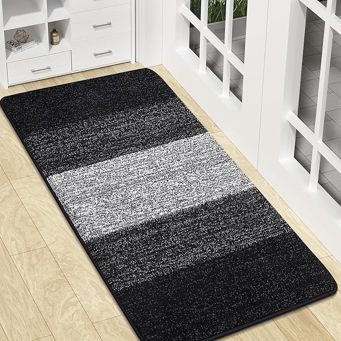 Kitinjoy Indoor Outdoor Door Mat, 47x17 Non-Slip Absorbent Dirt Trapper, Low-Profile Washable Inside Entrance Front Floor Mat, Sturdy Soft Entry Doormats for Entryway, Black