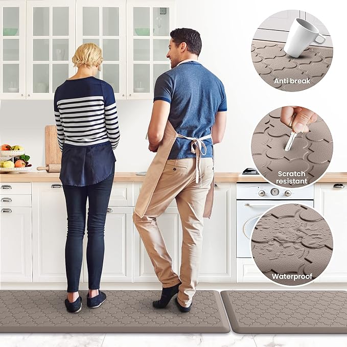 Kitchen Mat [2 PCS] Cushioned Anti-Fatigue Floor Mat Water Resistant Non-Skid Ergonomic Comfort Foam Rugs Standing Mat for Kitchen Floor Office Sink Laundry(Khaki)