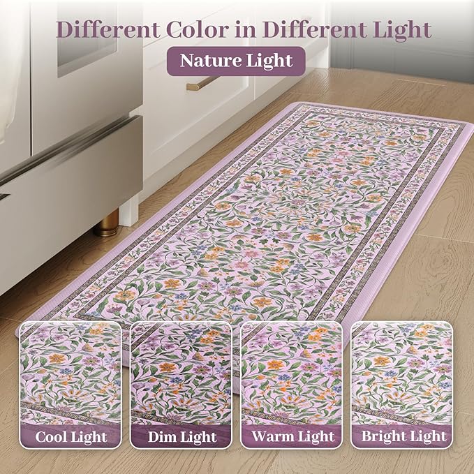 KIMODE Anti Fatigue Kitchen Mat, Cushioned Boho Kitchen Rugs Sets of 2, Farmhouse Kitchen Mats for Floor Non Slip, Waterproof Standing Desk Mats for Laundry Office Sink Purple 17.3"x29"+17.3"x47"