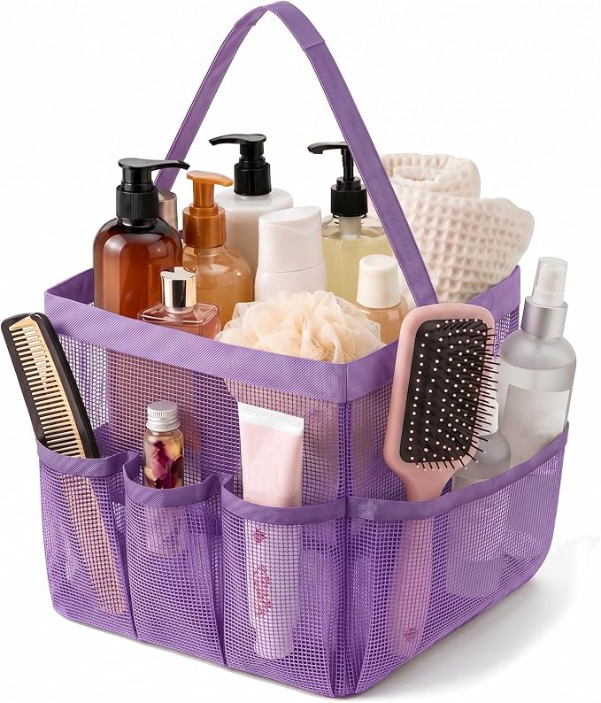 Mesh Shower Caddy Portable for College Dorm Room Essentials, Large Capacity Shower Caddy Dorm Bag with 9-Pockets, Quick-Dry Toiletry Organizer for Gym Beach Camping Travel Bathroom, Purple