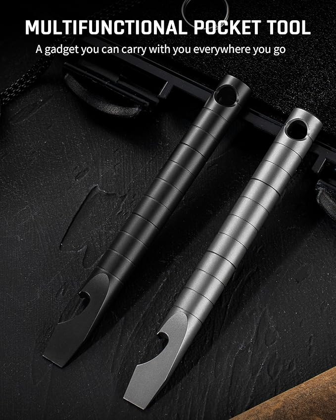 TISUR Titanium EDC Pry Bar, Keychain Prybar Multitool With Beer Bottle Opener, 6 in 1 Portable Pocket Mini Crowbar Tool (Gray)