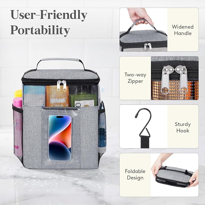 Lifewit Mesh Shower Caddy Bag Portable, Quick Dry Hanging Bathroom Organizer with PVC Phone Bag, College Dorm Room Essentials for Travel, Gym, Camping, Toiletry Tote for Women Men, Large, Grey