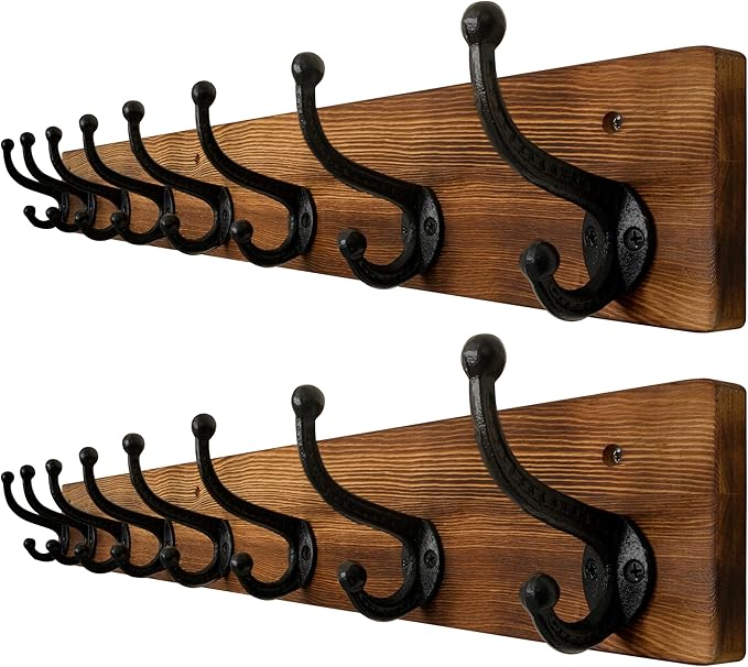 WEBI Rustic Coat Rack Wall Mount,35.43" Long 8 Cast Iron Coat Hooks Wall Mounted,Heavy Duty Wall Coat Hanger Hooks for Hanging Coats,Clothes,Brown,2 Packs
