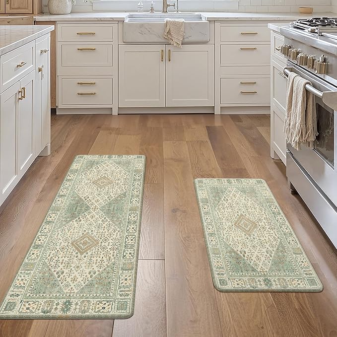 GENIMO Kitchen Mats for Floor 2PCs, Washable Anti Fatigue Mat for Cushioned, 17.3"x47"+17.3"x30", Waterproof Kitchen Rugs, Non Slip Comfort Standing Mat Rug for Home, Sink, Laundry, Vintage Green