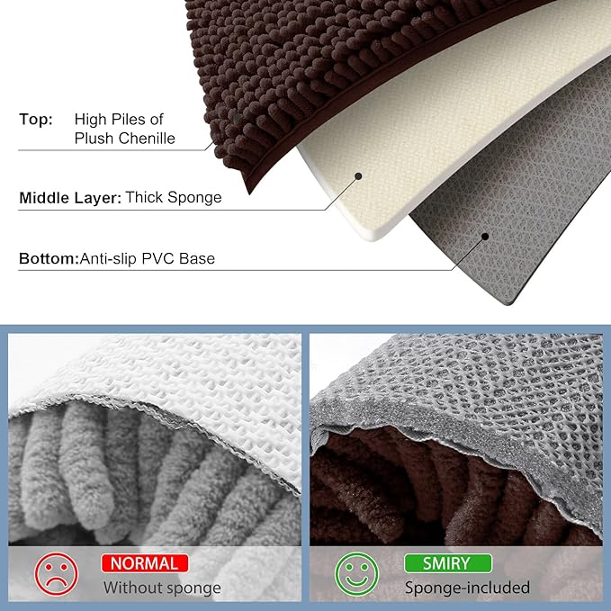 Smiry Luxury Chenille Bathroom Rugs 40x24, Extra Soft and Absorbent Shaggy Bath Mat, Machine Washable, Non-Slip Plush Carpet Runner for Tub, Shower, and Floor, Home Decor Accessories, Brown